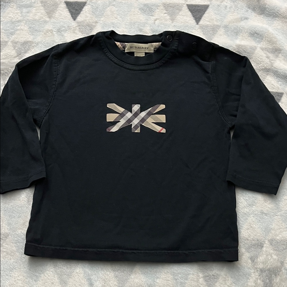 Burberry Kids Black Union Jack Check Applique Patch Long Sleeve Tee 18M